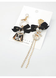 Black Ribbon & Pearl Earrings Set