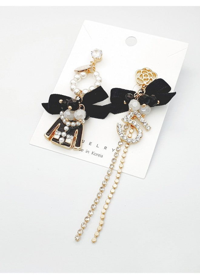 Black Ribbon & Pearl Earrings Set