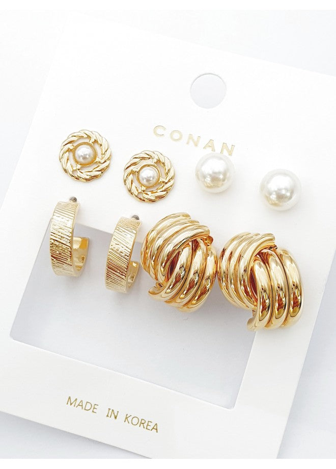 4-Piece Elegant Gold Earring Set – Pearl & Hoop Design