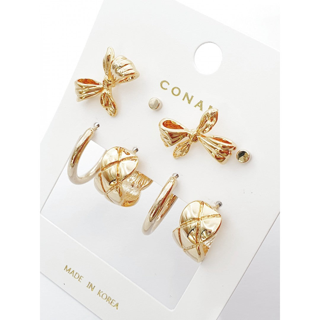 Gold Ribbon & Hoop Earrings Set (4 Pieces)