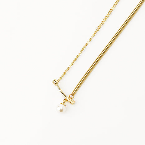 Minimalist Gold Bar Necklace with Pearl Accent