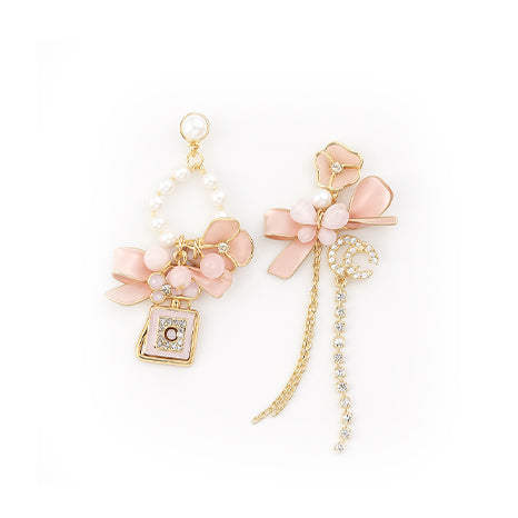 Pink Ribbon & Pearl Asymmetric Earrings