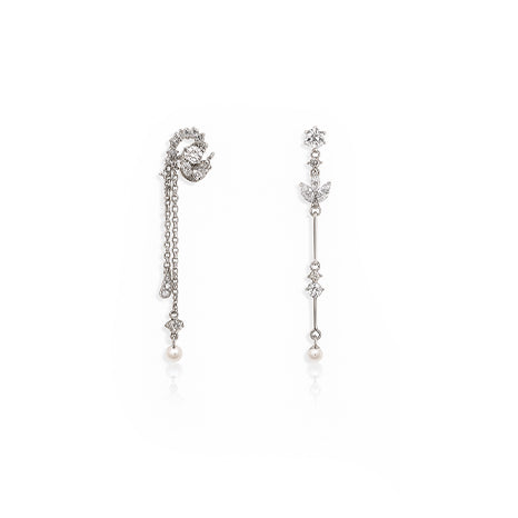Silver Asymmetric Crystal & Pearl Earrings
