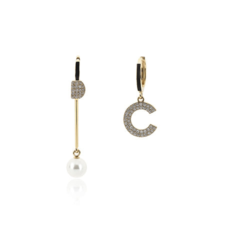 Gold Alphabet & Pearl Mismatched Earrings