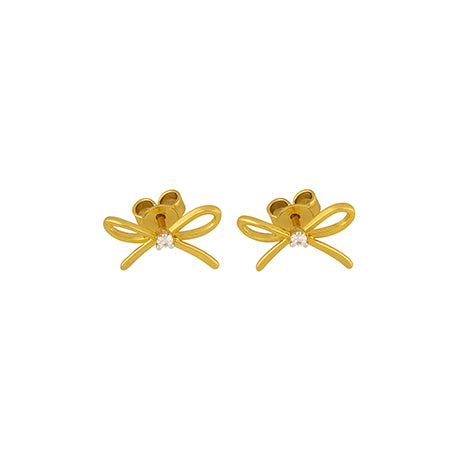 Gold Ribbon Bow Earrings with White Crystal