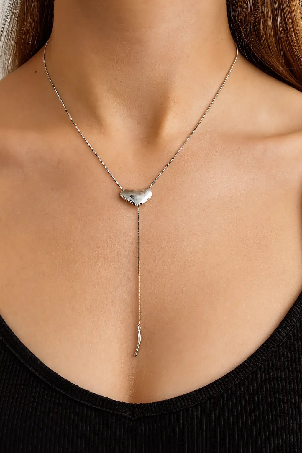 Minimalist Silver Bean Pendant Y Necklace
