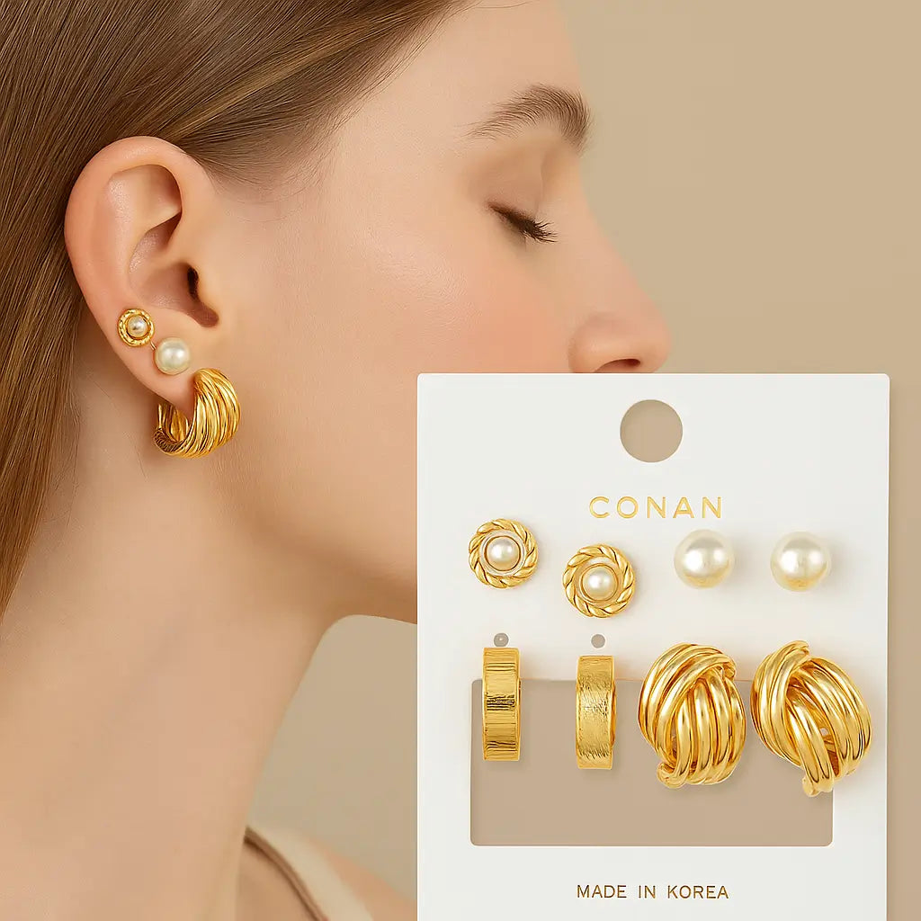 4-Piece Elegant Gold Earring Set – Pearl & Hoop Design