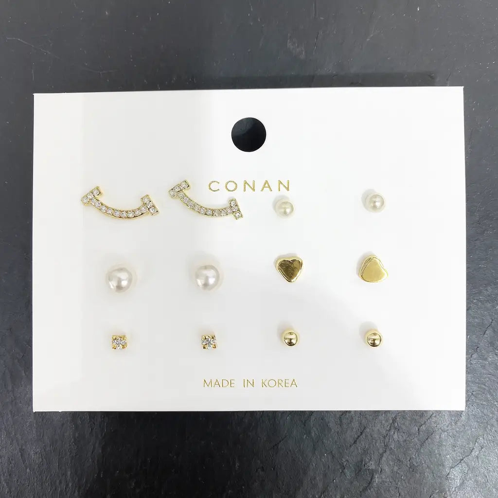 Gold & Pearl Minimalist Earring Set (6 Pairs)