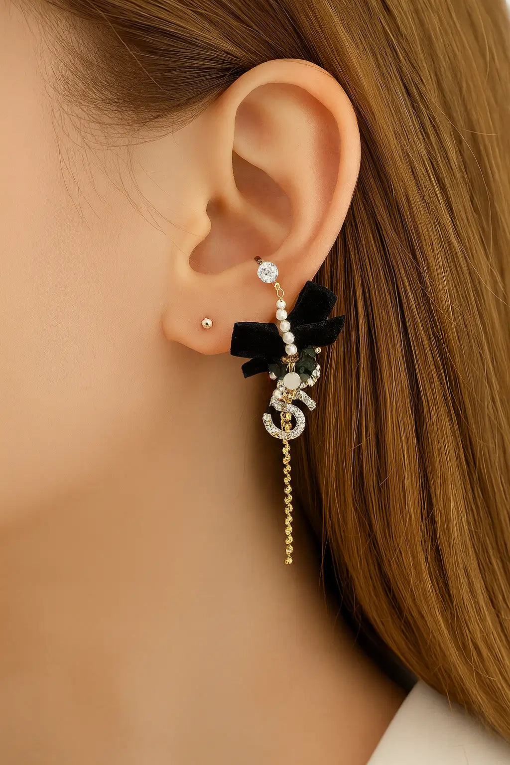 Black Ribbon & Pearl Earrings Set