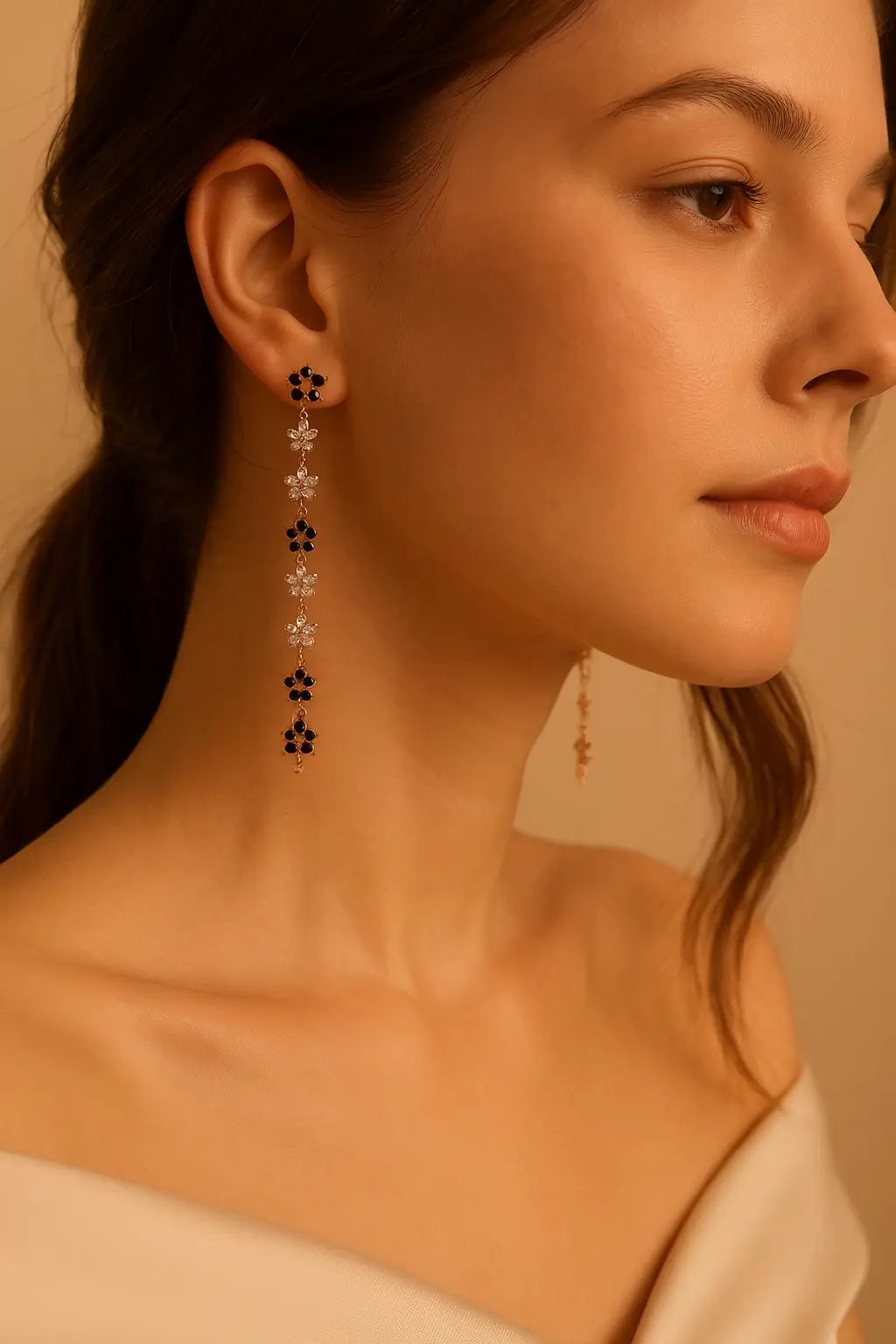 Rose Gold Floral Crystal Long Earrings