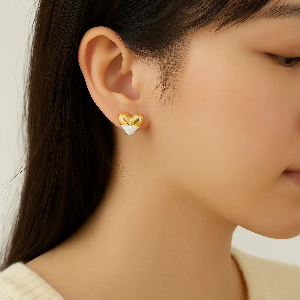Chic Gold & White Heart Stud Earrings