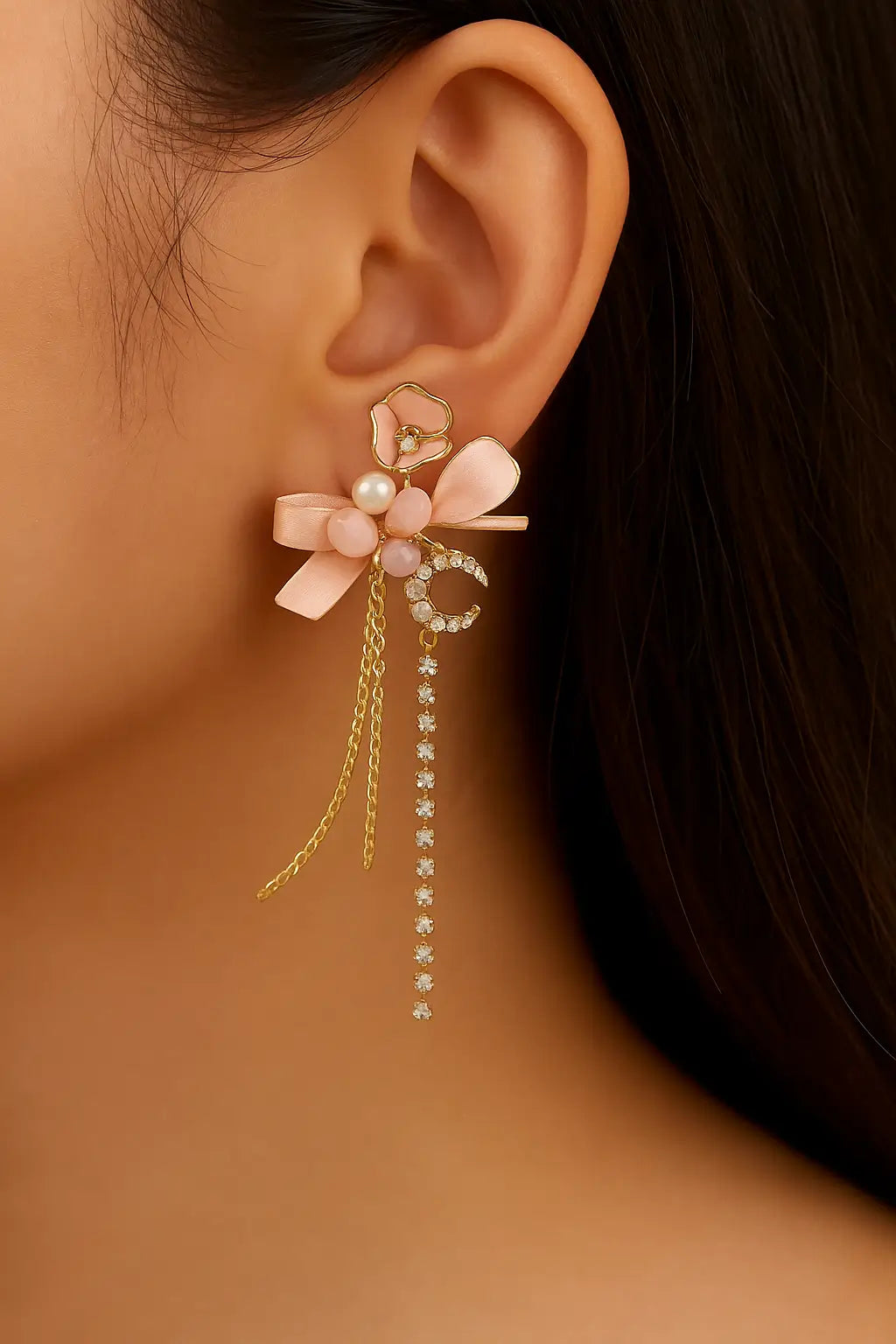 Pink Ribbon & Pearl Asymmetric Earrings