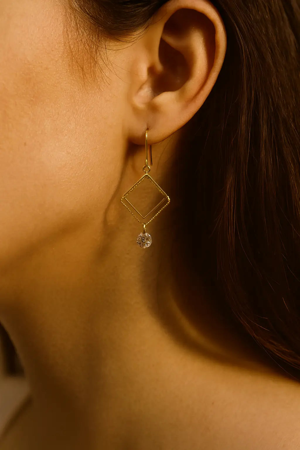 Golden Square Crystal Drop Earrings