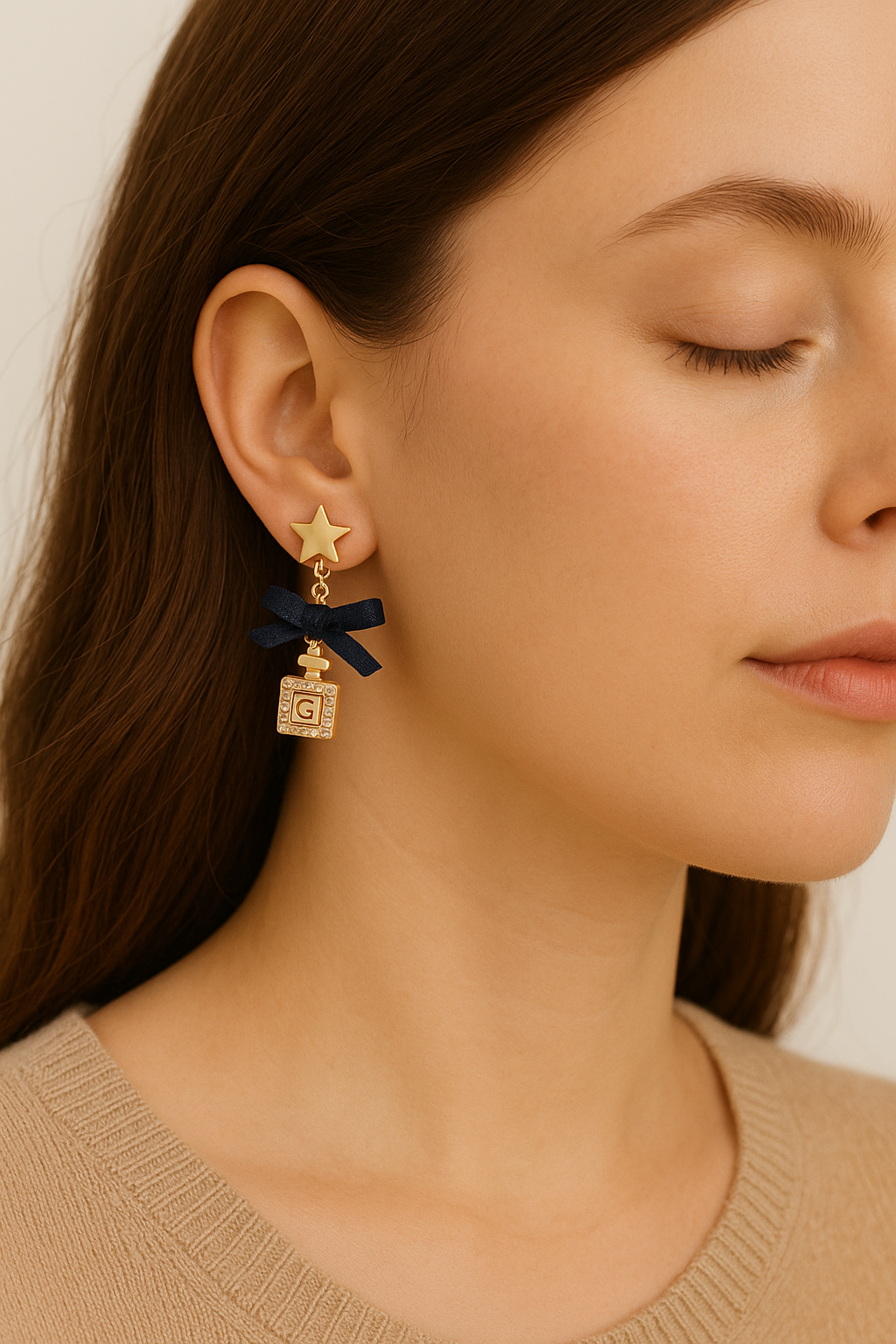 Navy Ribbon Perfume & Pearl Mismatch Earrings