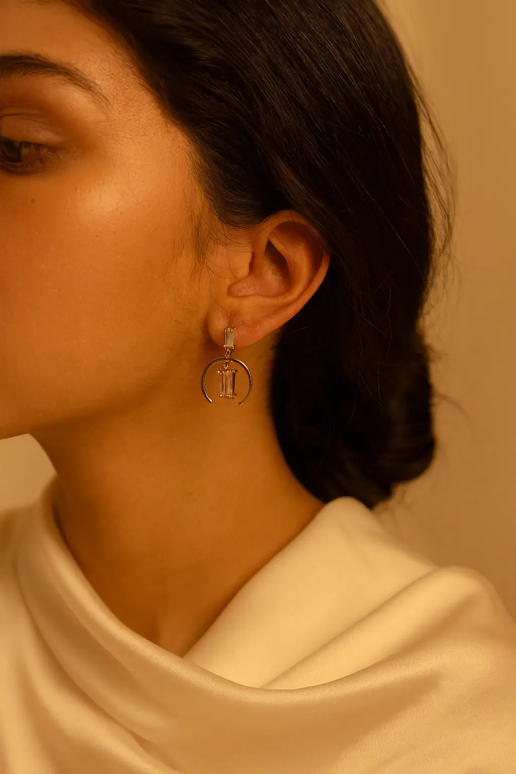 Rose Gold Crescent Crystal Drop Earrings