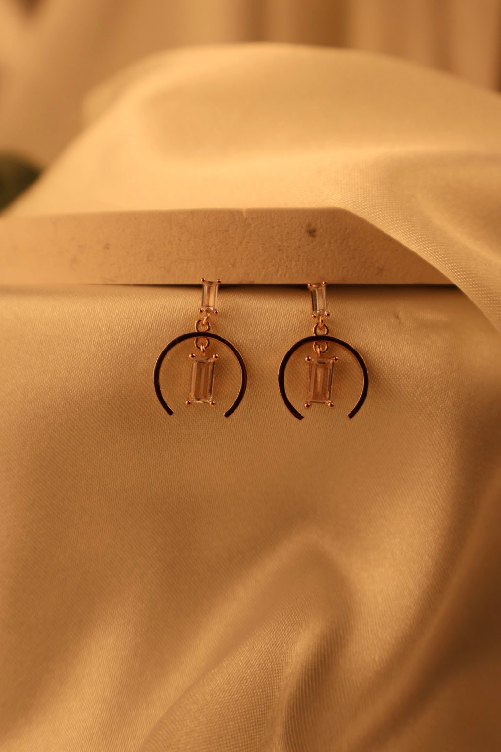 Rose Gold Crescent Crystal Drop Earrings