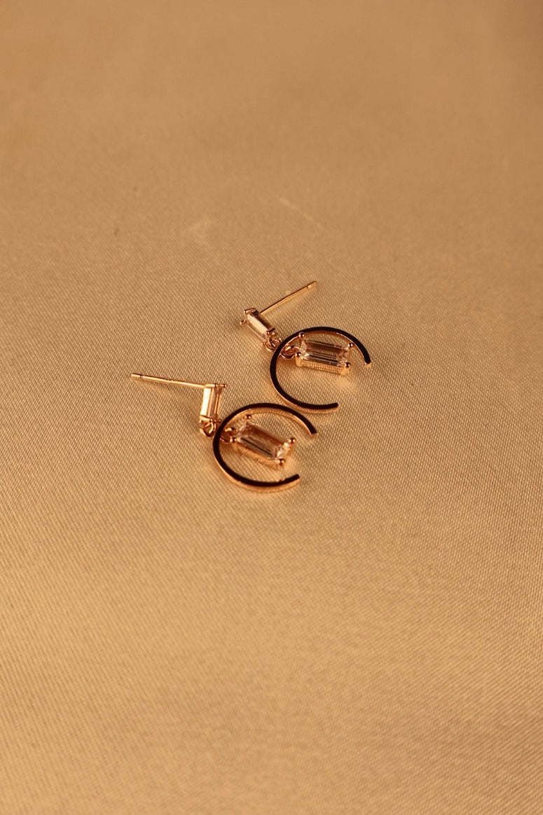 Rose Gold Crescent Crystal Drop Earrings