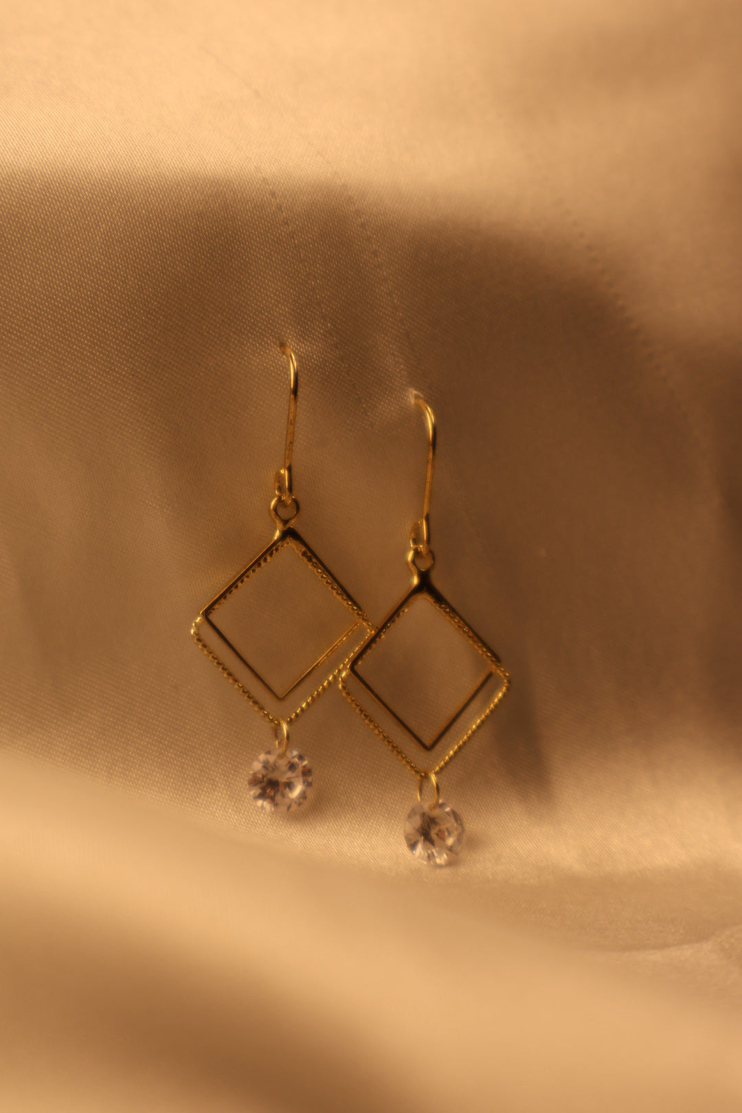 Golden Square Crystal Drop Earrings