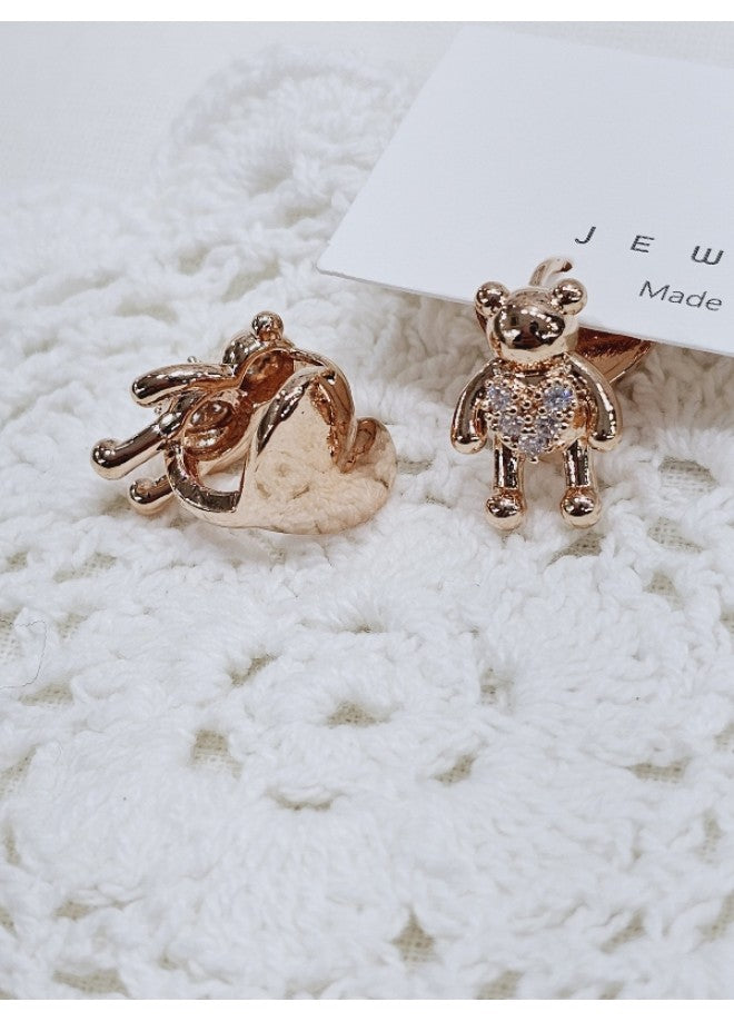 Teddy Bear & Heart Gold Earrings Set
