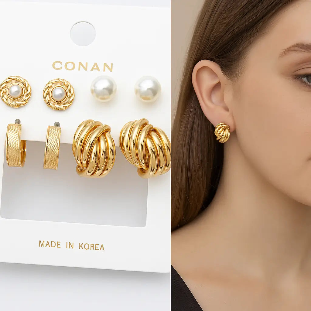 4-Piece Elegant Gold Earring Set – Pearl & Hoop Design
