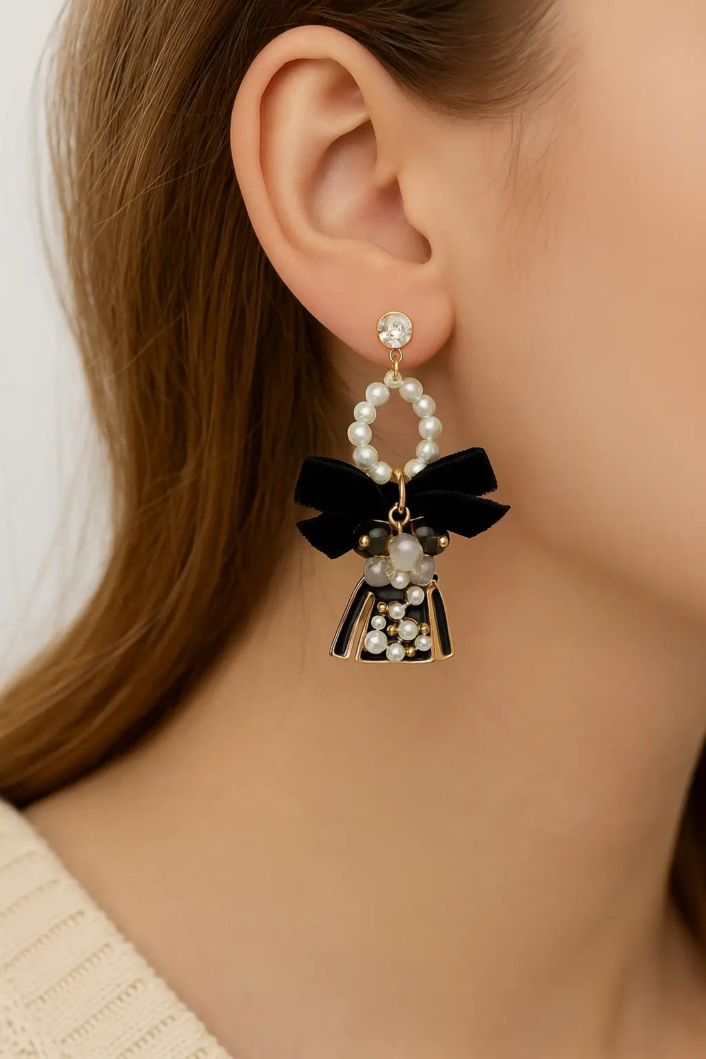 Black Ribbon & Pearl Earrings Set