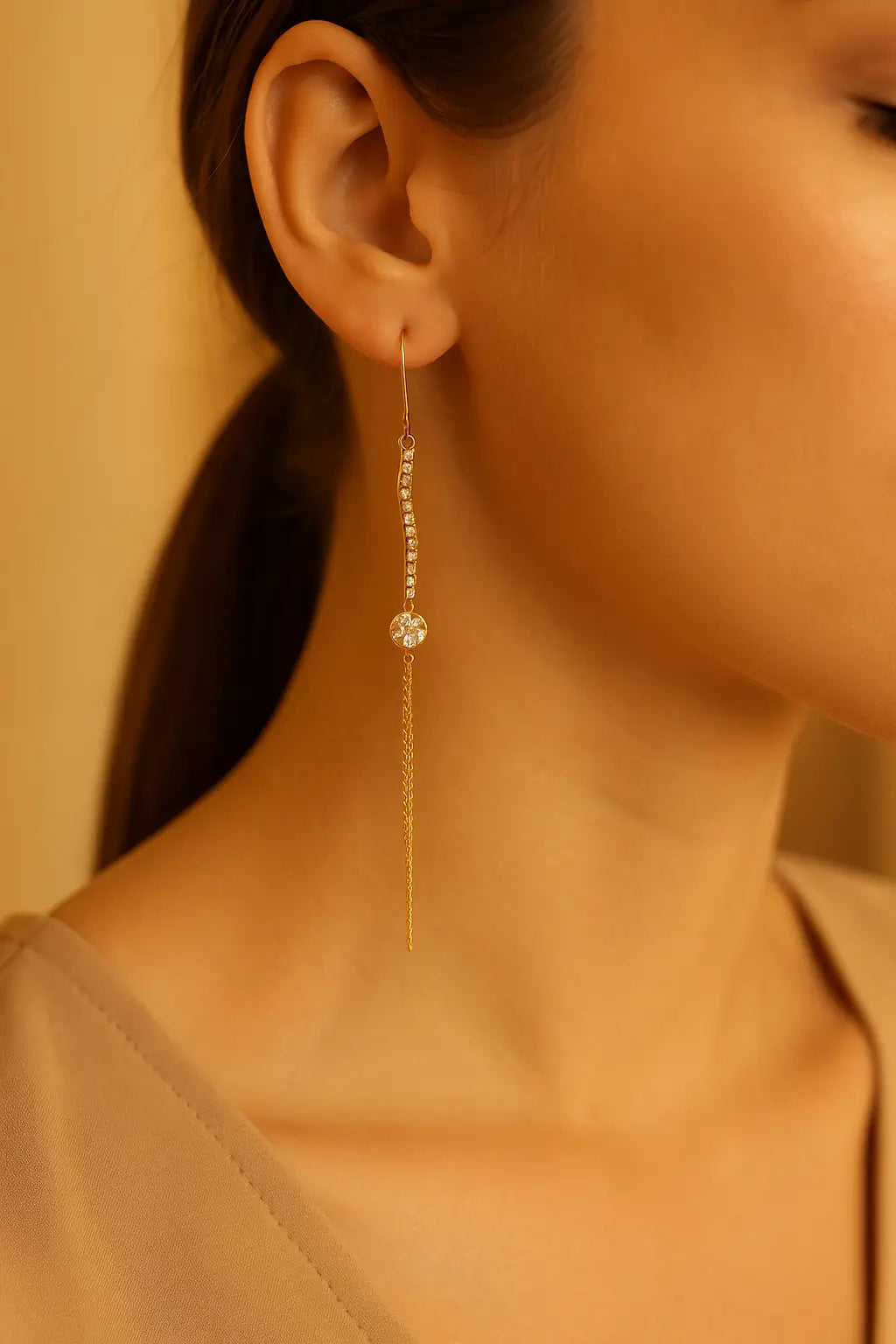 Gold Crystal Long Chain Earrings