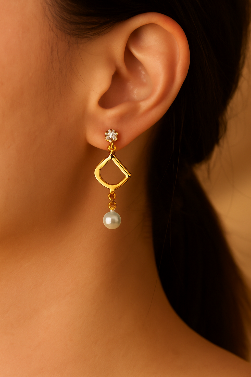 Gold Pearl Drop D Earrings