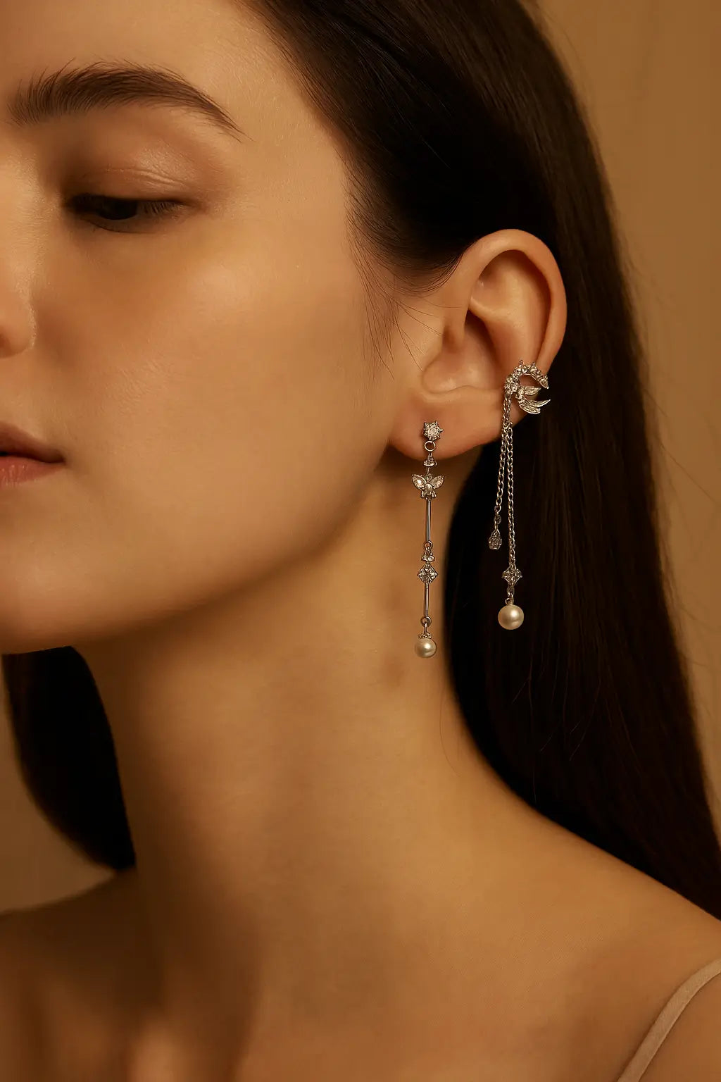 Silver Asymmetric Crystal & Pearl Earrings