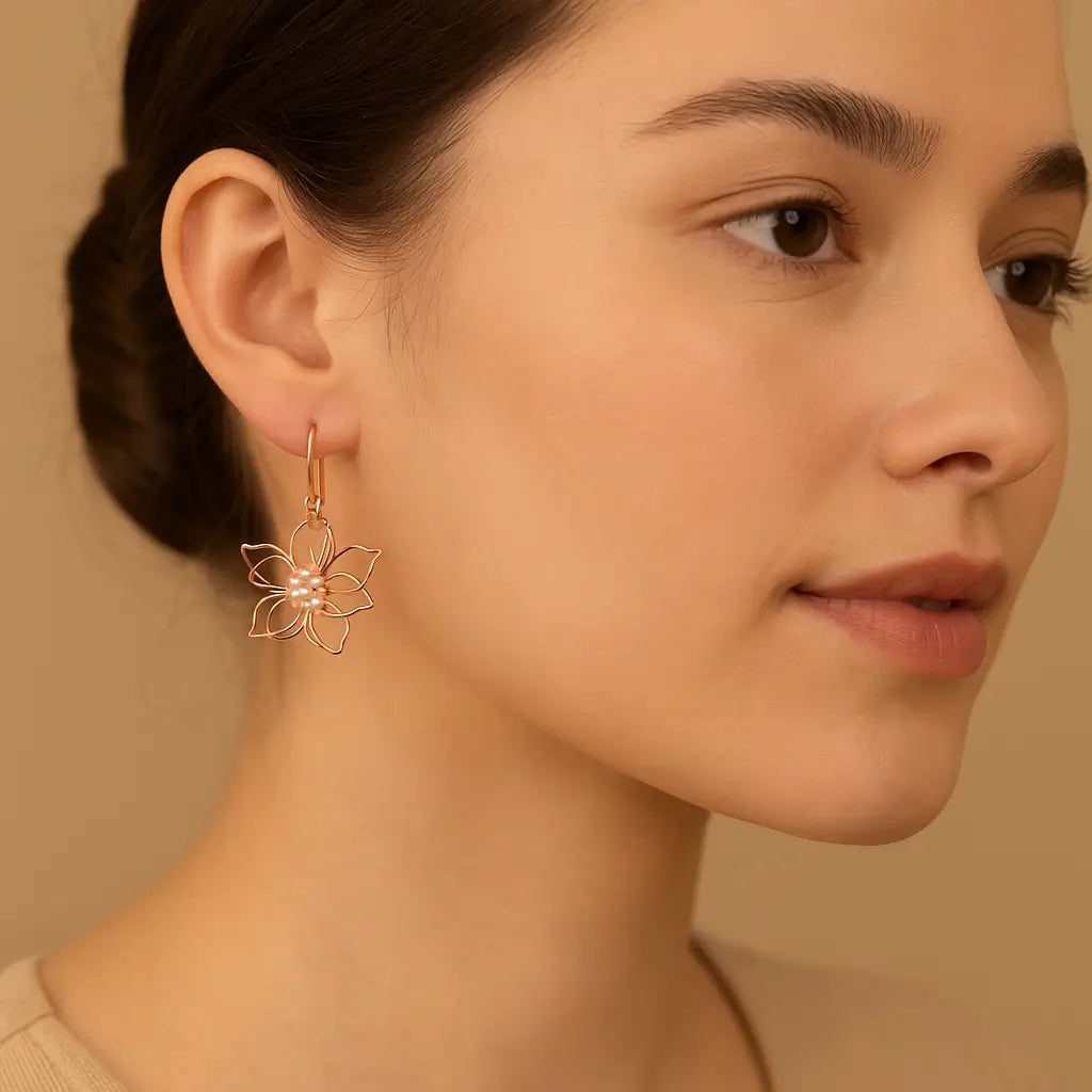 Rose Gold Floral Pearl Earrings