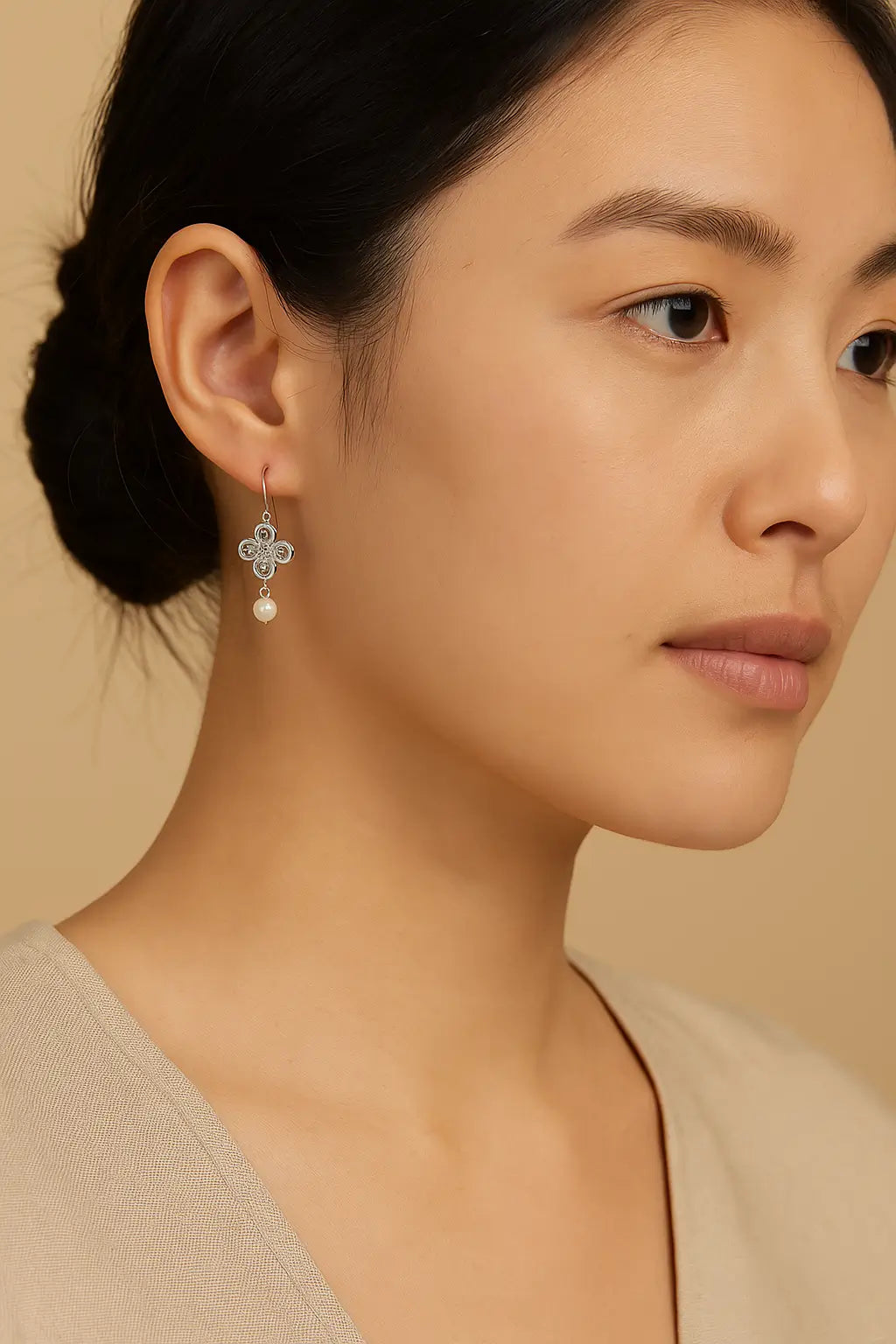 Silver Clover Drop Earrings with Pearl