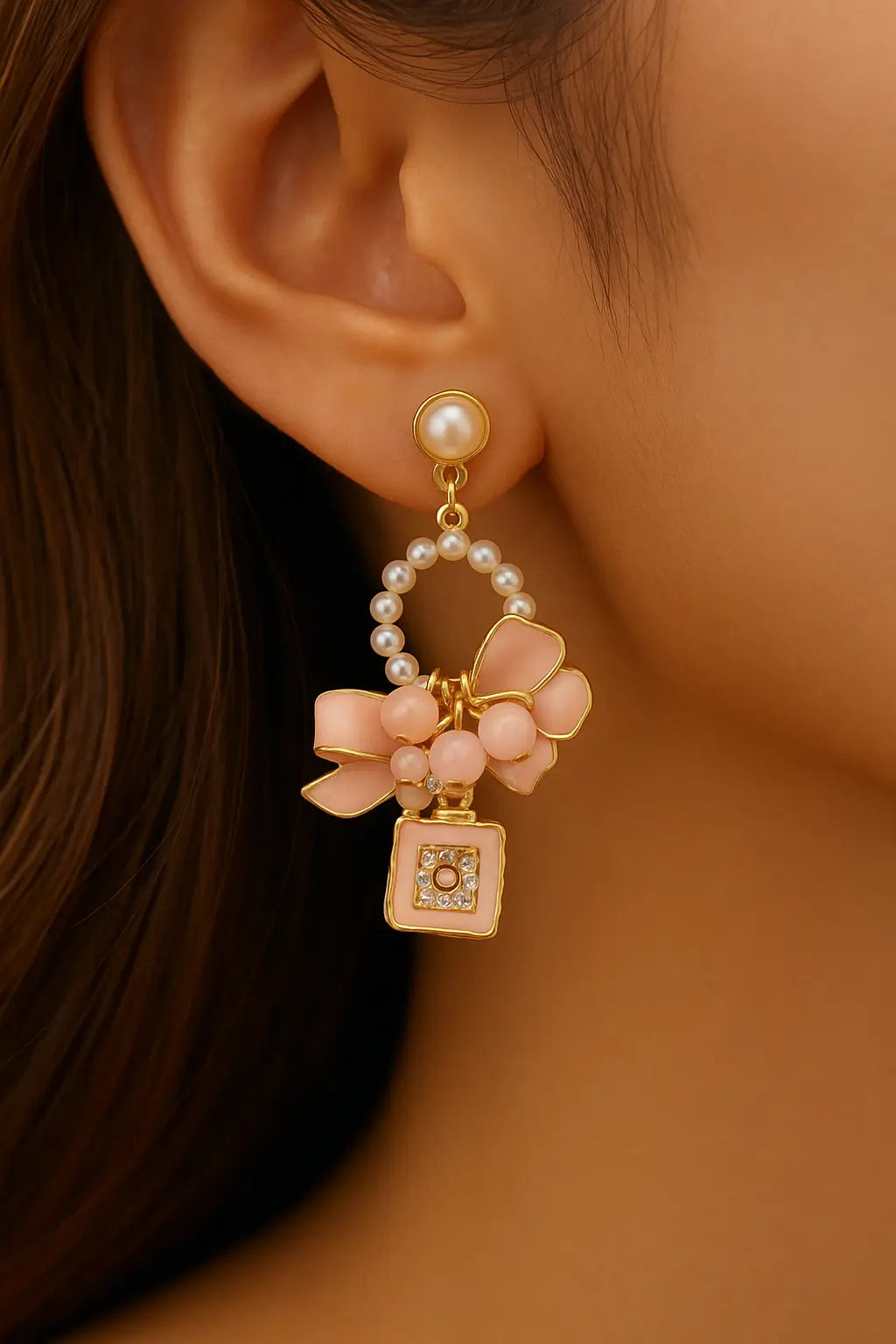 Pink Ribbon & Pearl Asymmetric Earrings