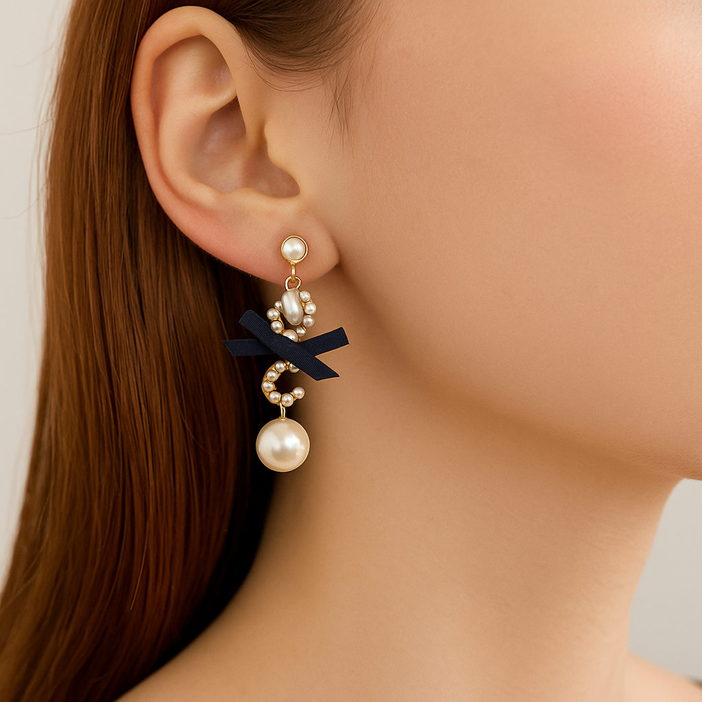 Navy Ribbon Perfume & Pearl Mismatch Earrings