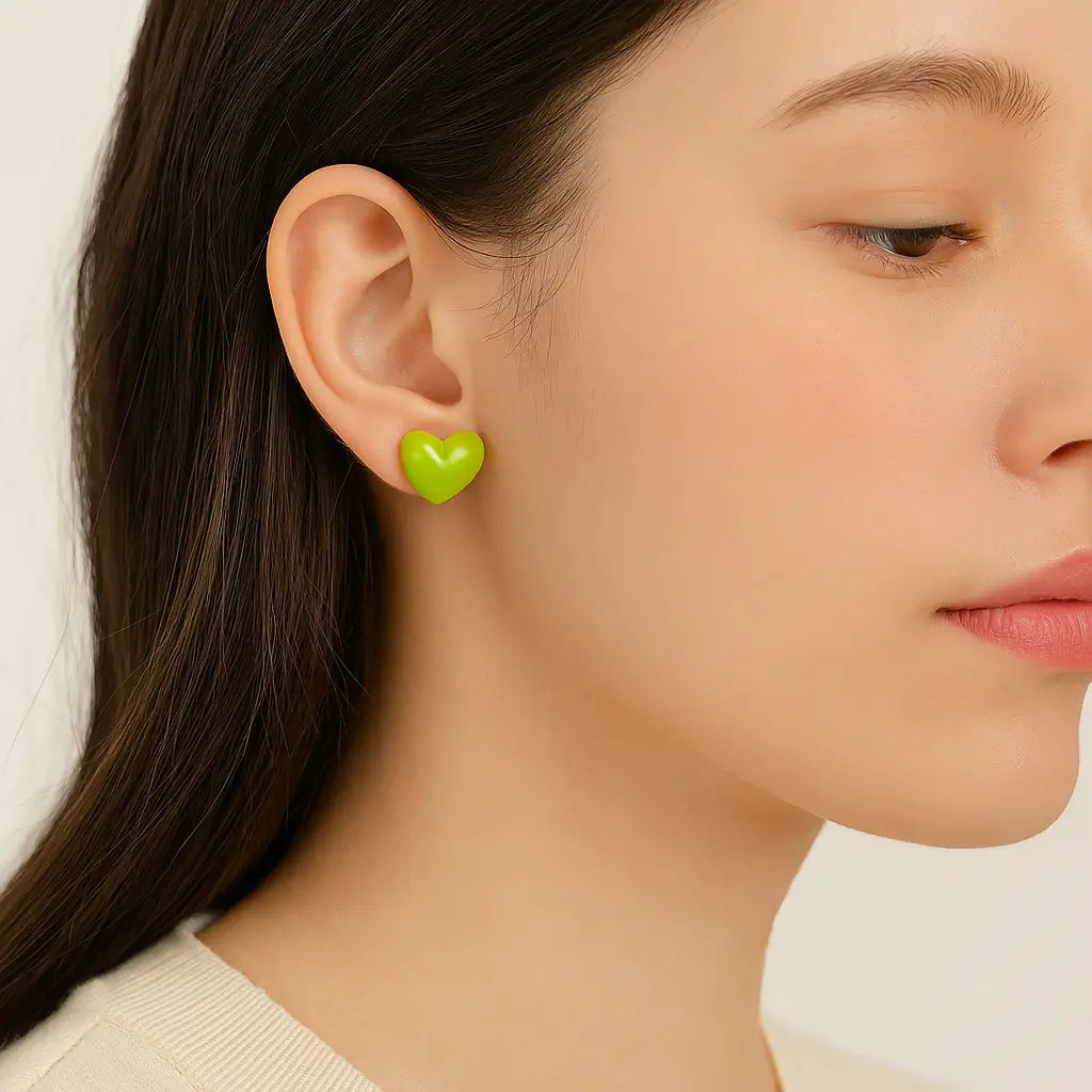 Glossy Heart Stud Earrings – Red & Lime Green