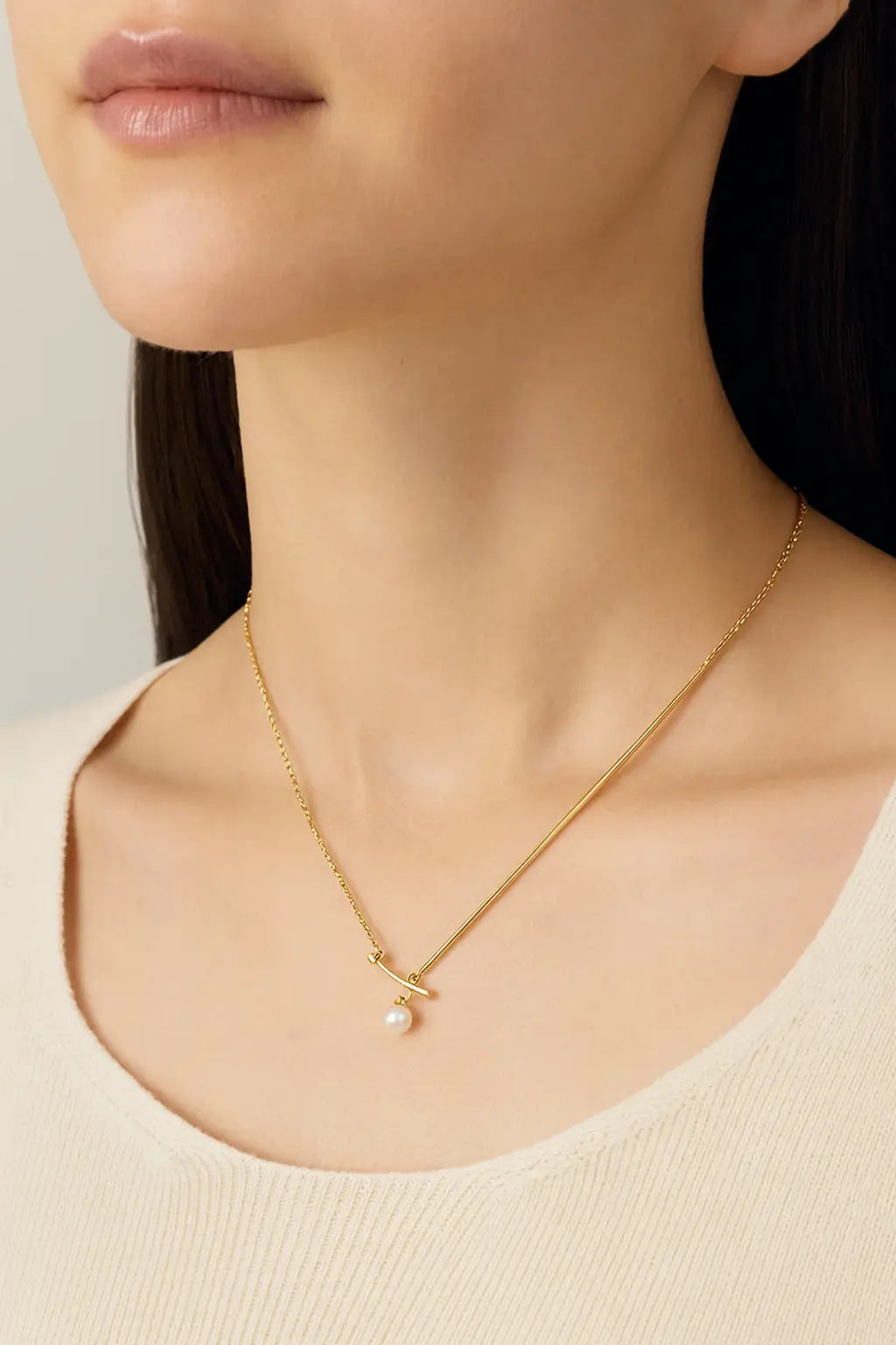 Minimalist Gold Bar Necklace with Pearl Accent